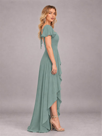 Eucalyptus Refined High Low Ruffles Chiffon Bridesmaid Dress with Belt