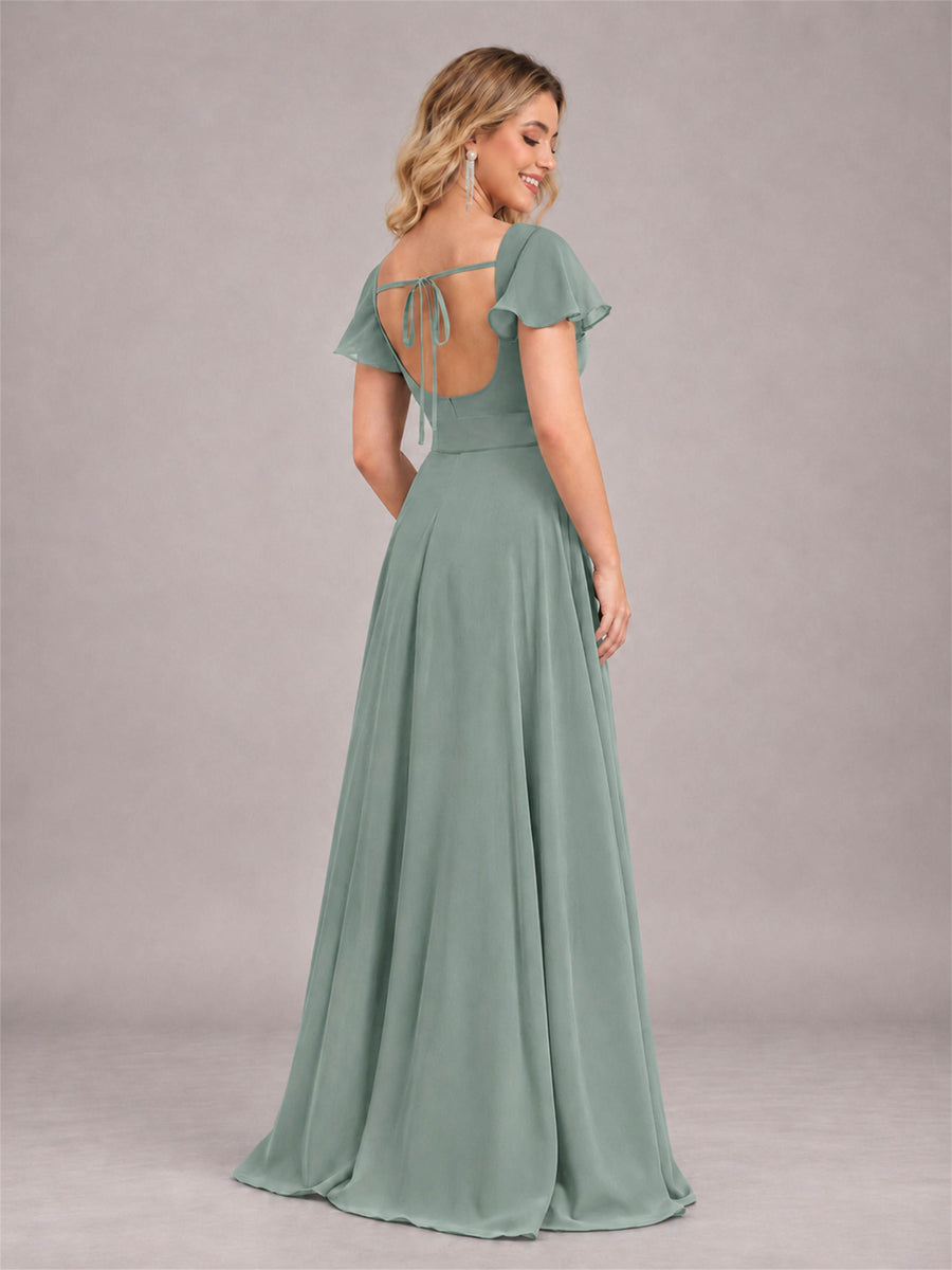 Eucalyptus Refined High Low Ruffles Chiffon Bridesmaid Dress with Belt