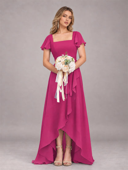 Fuchsia Refined High Low Ruffles Chiffon Bridesmaid Dress with Belt