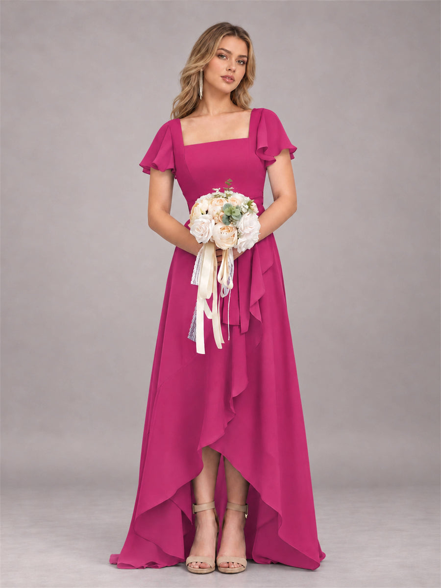 Fuchsia Refined High Low Ruffles Chiffon Bridesmaid Dress with Belt
