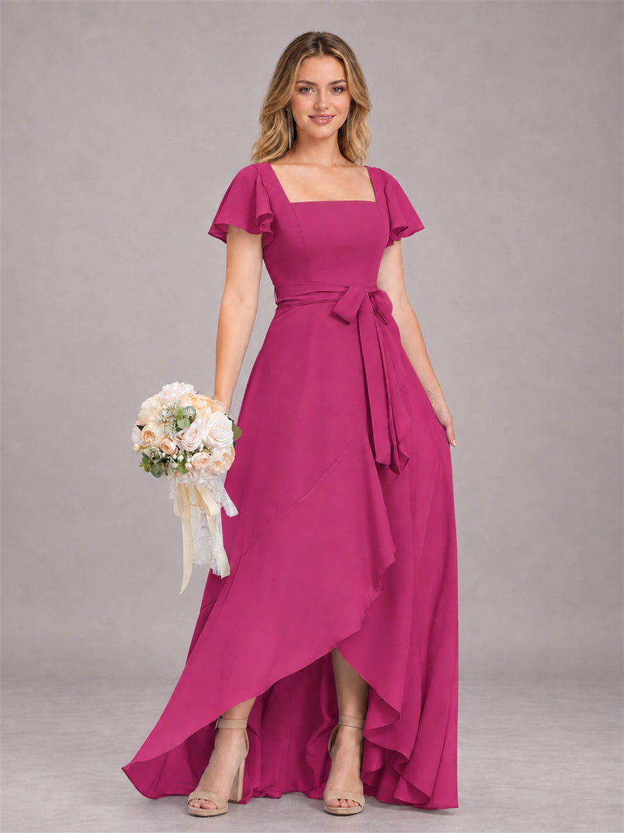 Fuchsia Refined High Low Ruffles Chiffon Bridesmaid Dress with Belt