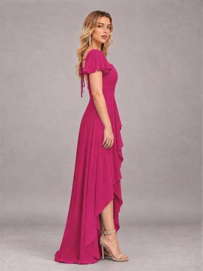 Fuchsia Refined High Low Ruffles Chiffon Bridesmaid Dress with Belt