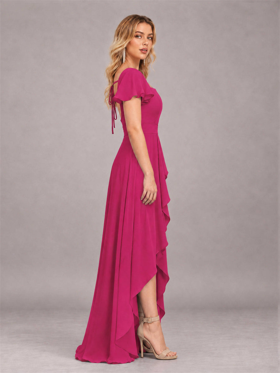 Fuchsia Refined High Low Ruffles Chiffon Bridesmaid Dress with Belt
