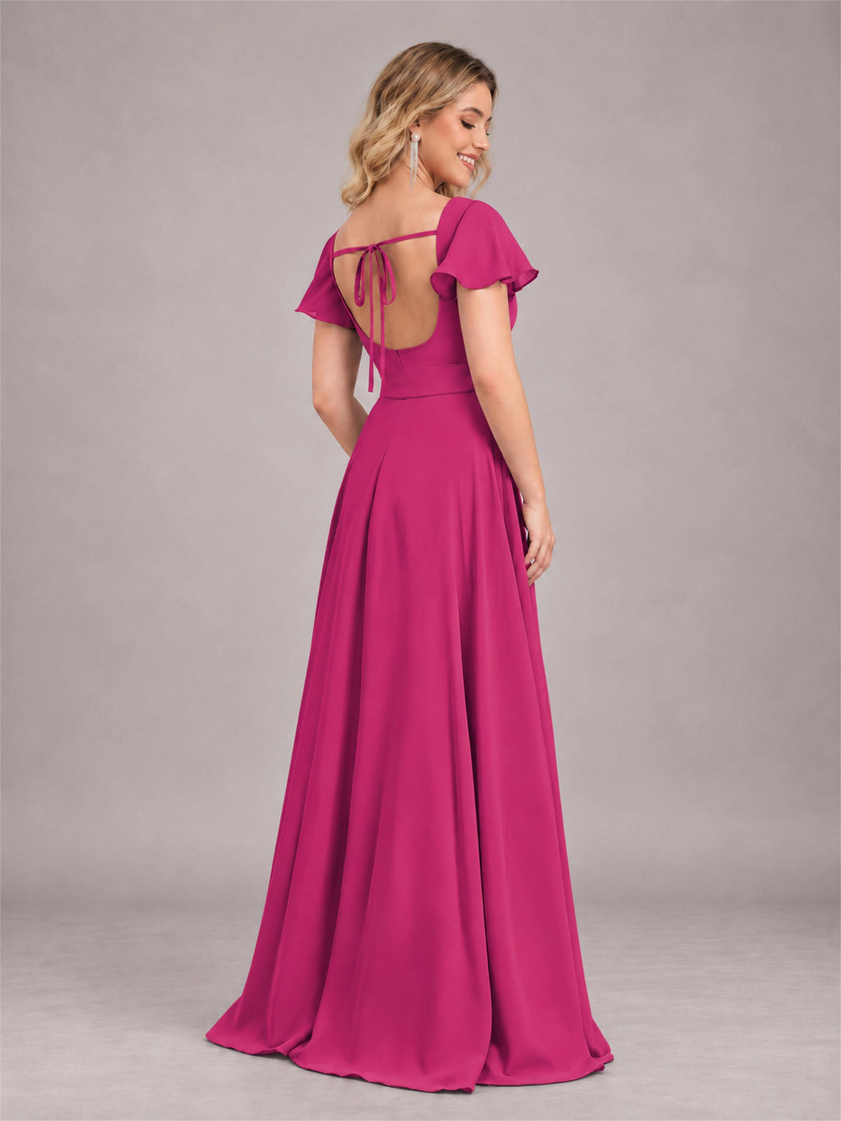 Fuchsia Refined High Low Ruffles Chiffon Bridesmaid Dress with Belt