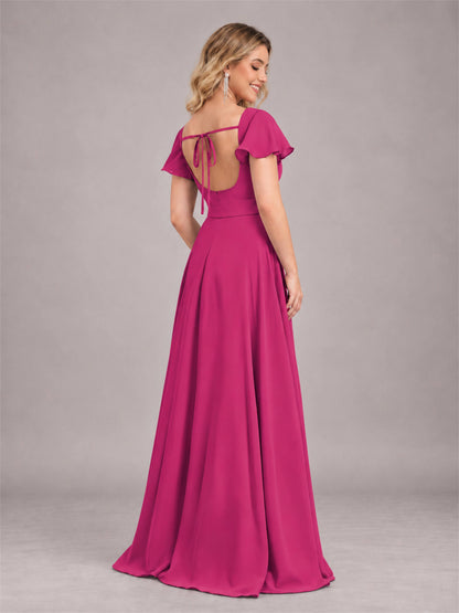 Fuchsia Refined High Low Ruffles Chiffon Bridesmaid Dress with Belt