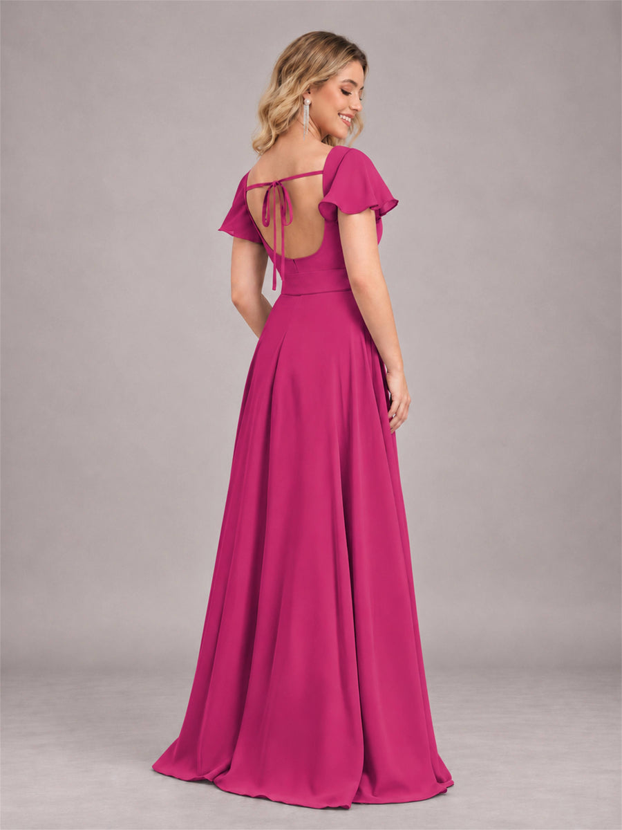 Fuchsia Refined High Low Ruffles Chiffon Bridesmaid Dress with Belt