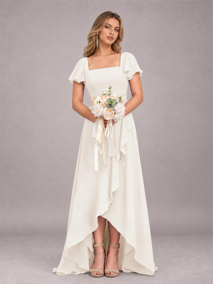 Ivory Refined High Low Ruffles Chiffon Bridesmaid Dress with Belt
