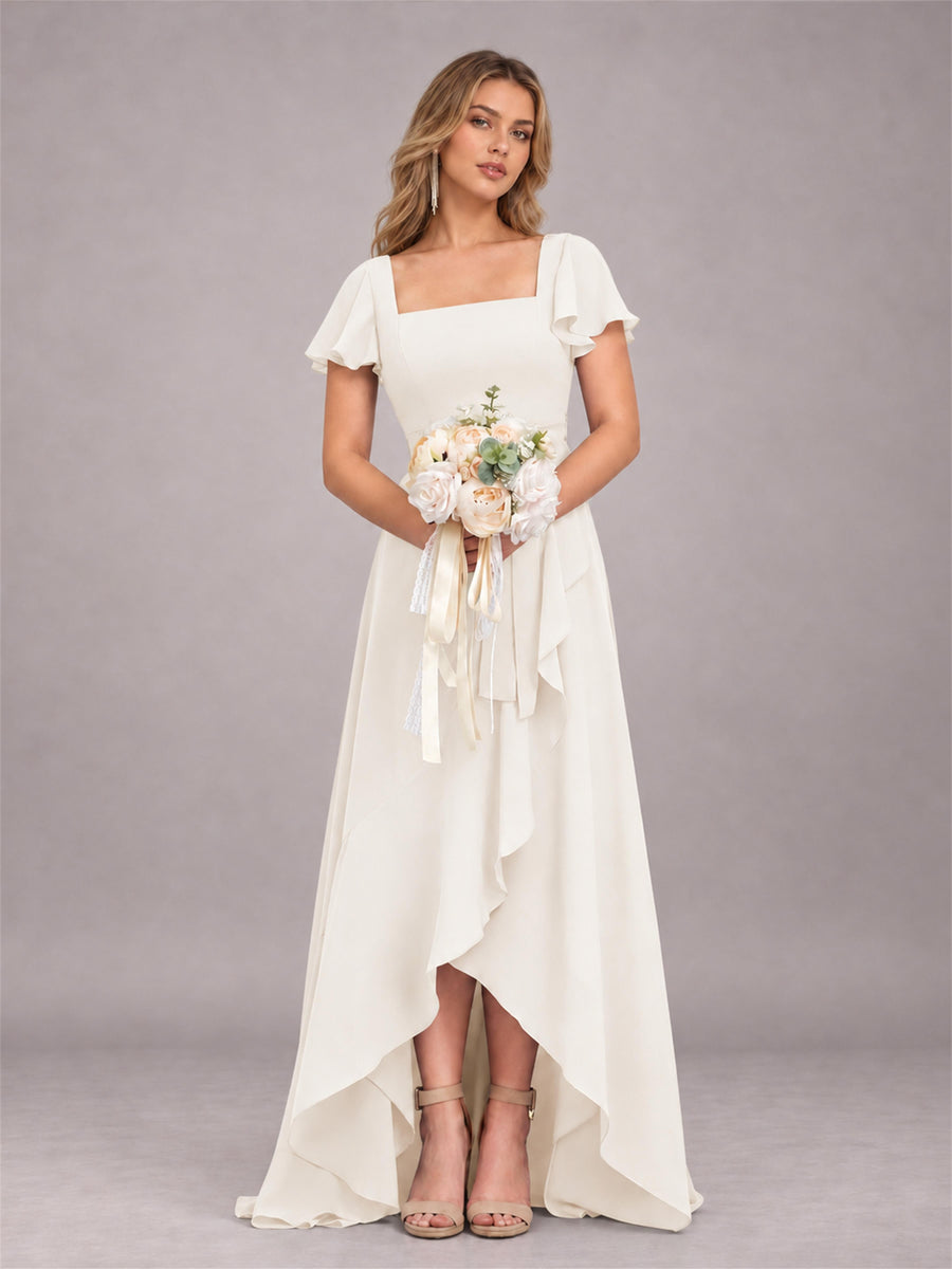 Ivory Refined High Low Ruffles Chiffon Bridesmaid Dress with Belt