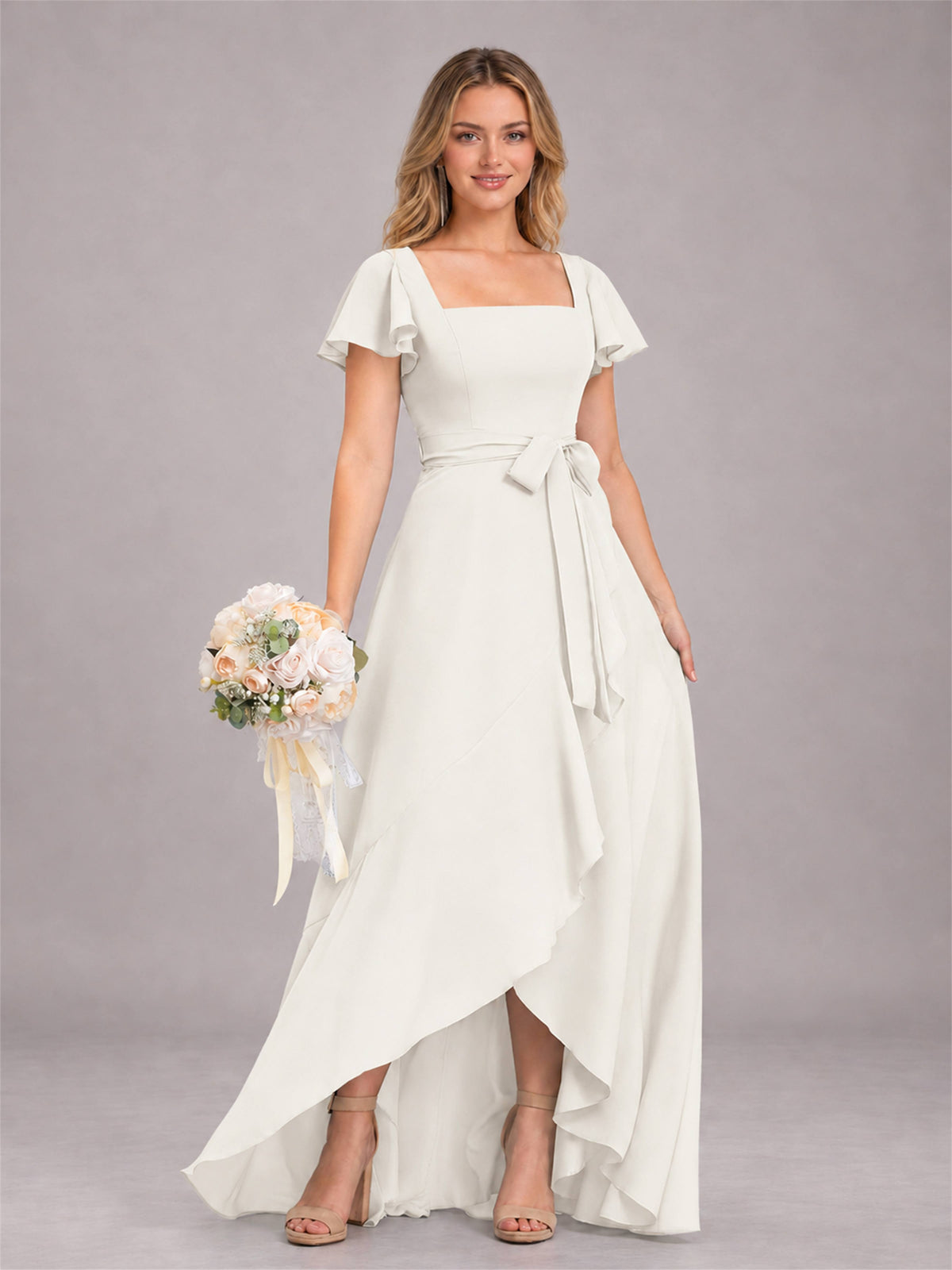 Ivory Refined High Low Ruffles Chiffon Bridesmaid Dress with Belt