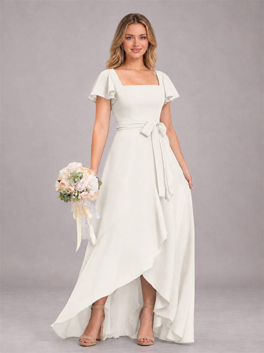 Ivory Refined High Low Ruffles Chiffon Bridesmaid Dress with Belt