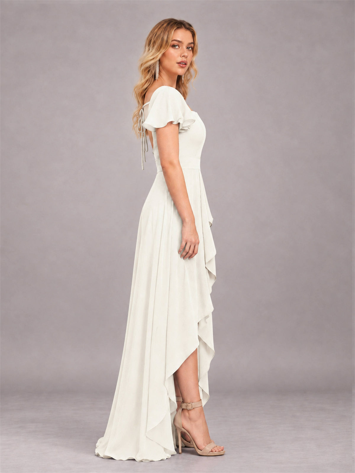 Ivory Refined High Low Ruffles Chiffon Bridesmaid Dress with Belt