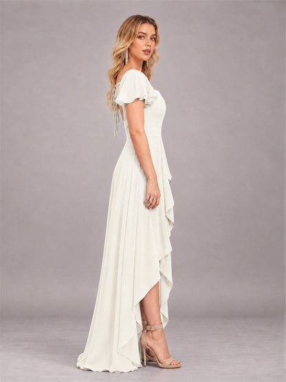 Ivory Refined High Low Ruffles Chiffon Bridesmaid Dress with Belt