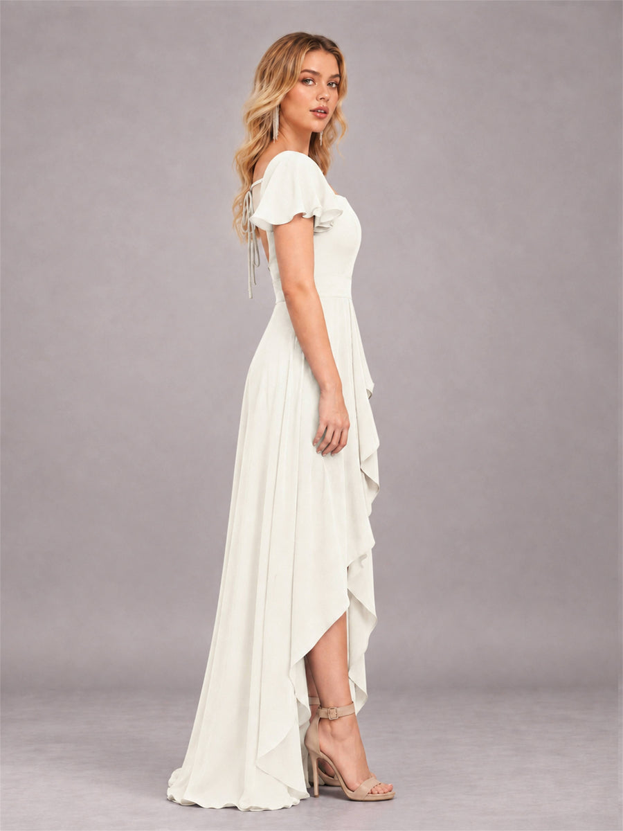 Ivory Refined High Low Ruffles Chiffon Bridesmaid Dress with Belt