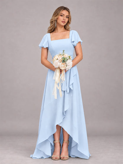 Light Blue Refined High Low Ruffles Chiffon Bridesmaid Dress with Belt