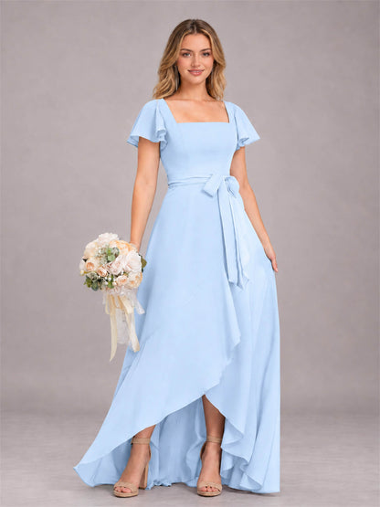 Light Blue Refined High Low Ruffles Chiffon Bridesmaid Dress with Belt