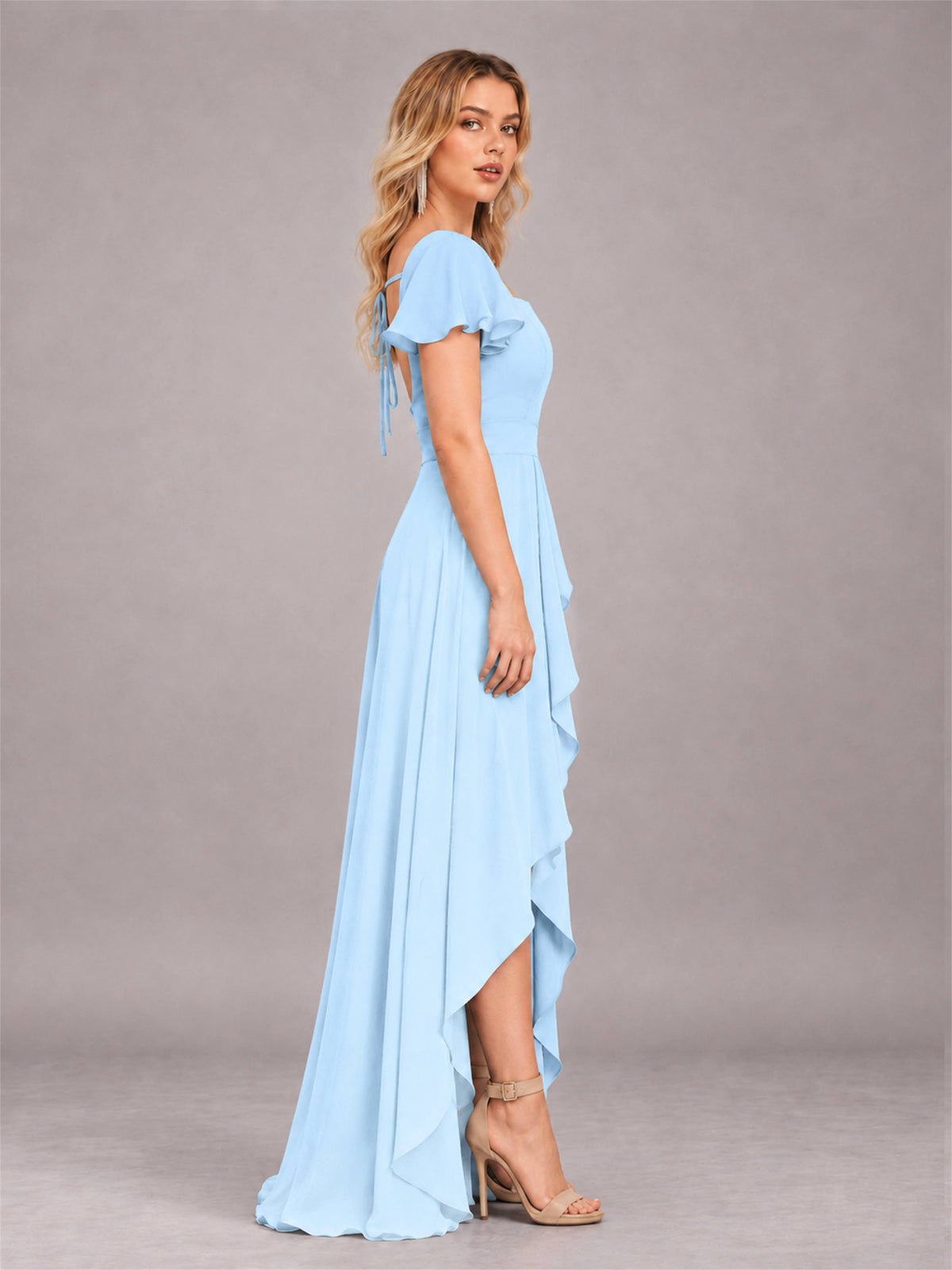 Light Blue Refined High Low Ruffles Chiffon Bridesmaid Dress with Belt