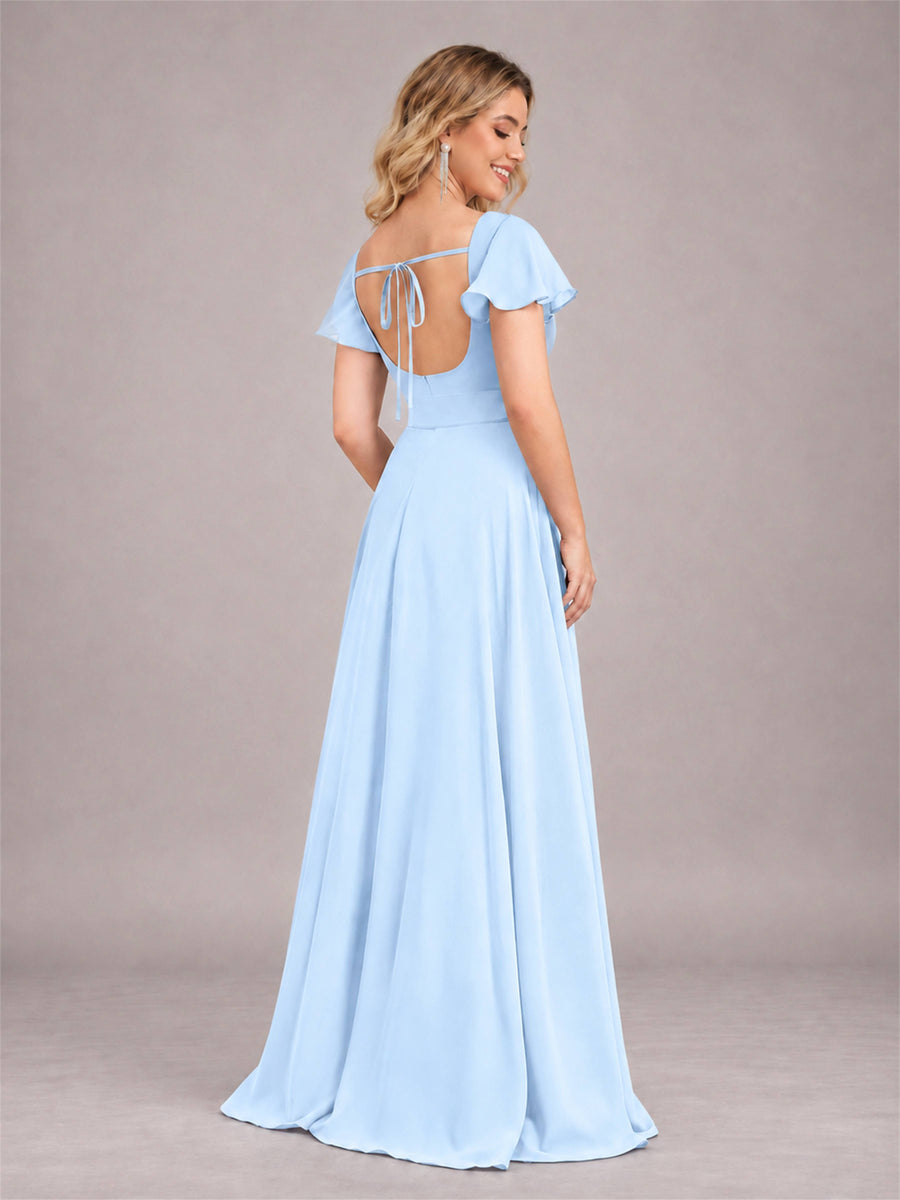 Light Blue Refined High Low Ruffles Chiffon Bridesmaid Dress with Belt