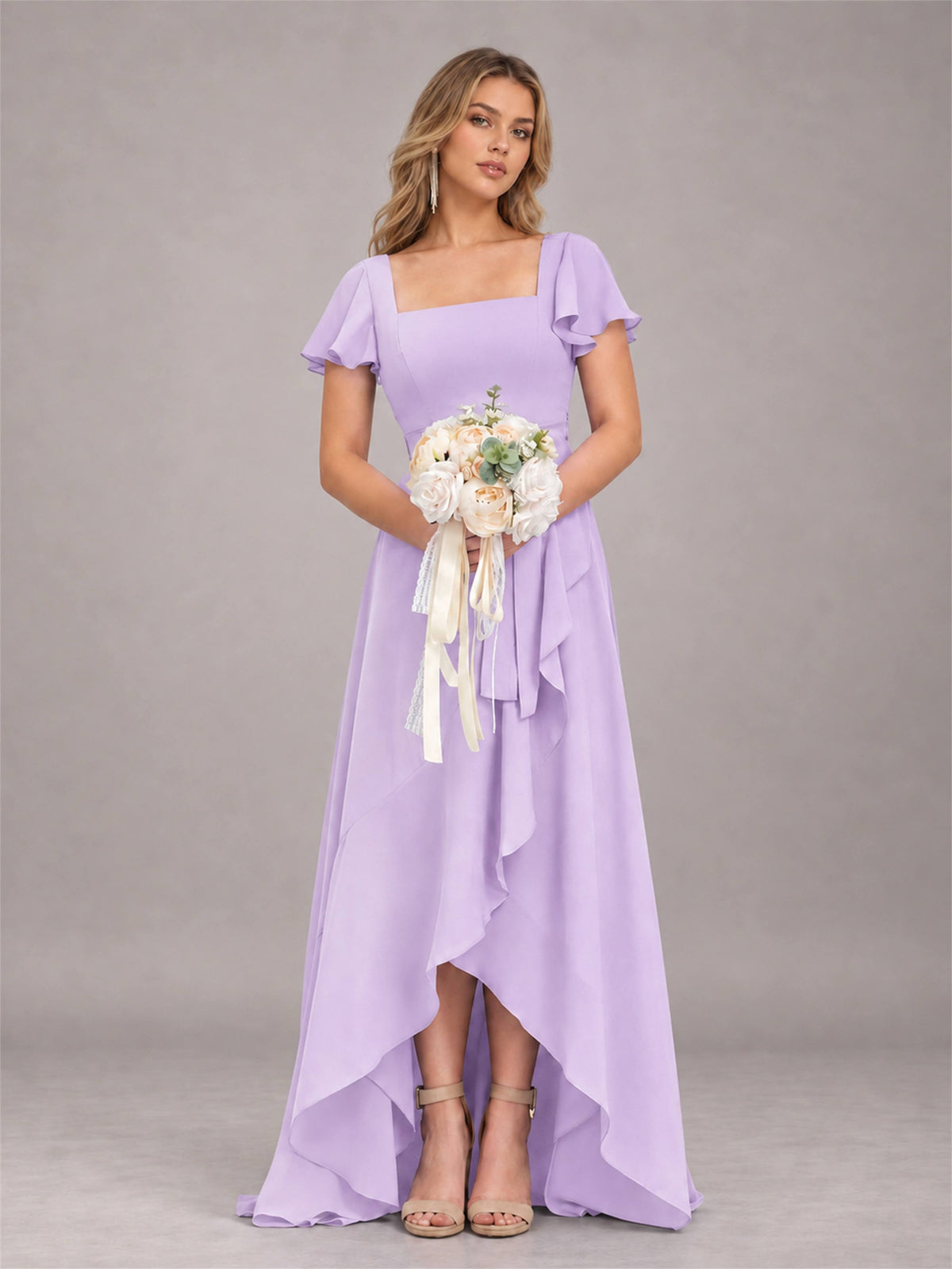 Lilac Refined High Low Ruffles Chiffon Bridesmaid Dress with Belt