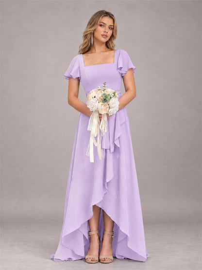 Lilac Refined High Low Ruffles Chiffon Bridesmaid Dress with Belt