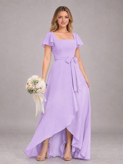 Lilac Refined High Low Ruffles Chiffon Bridesmaid Dress with Belt