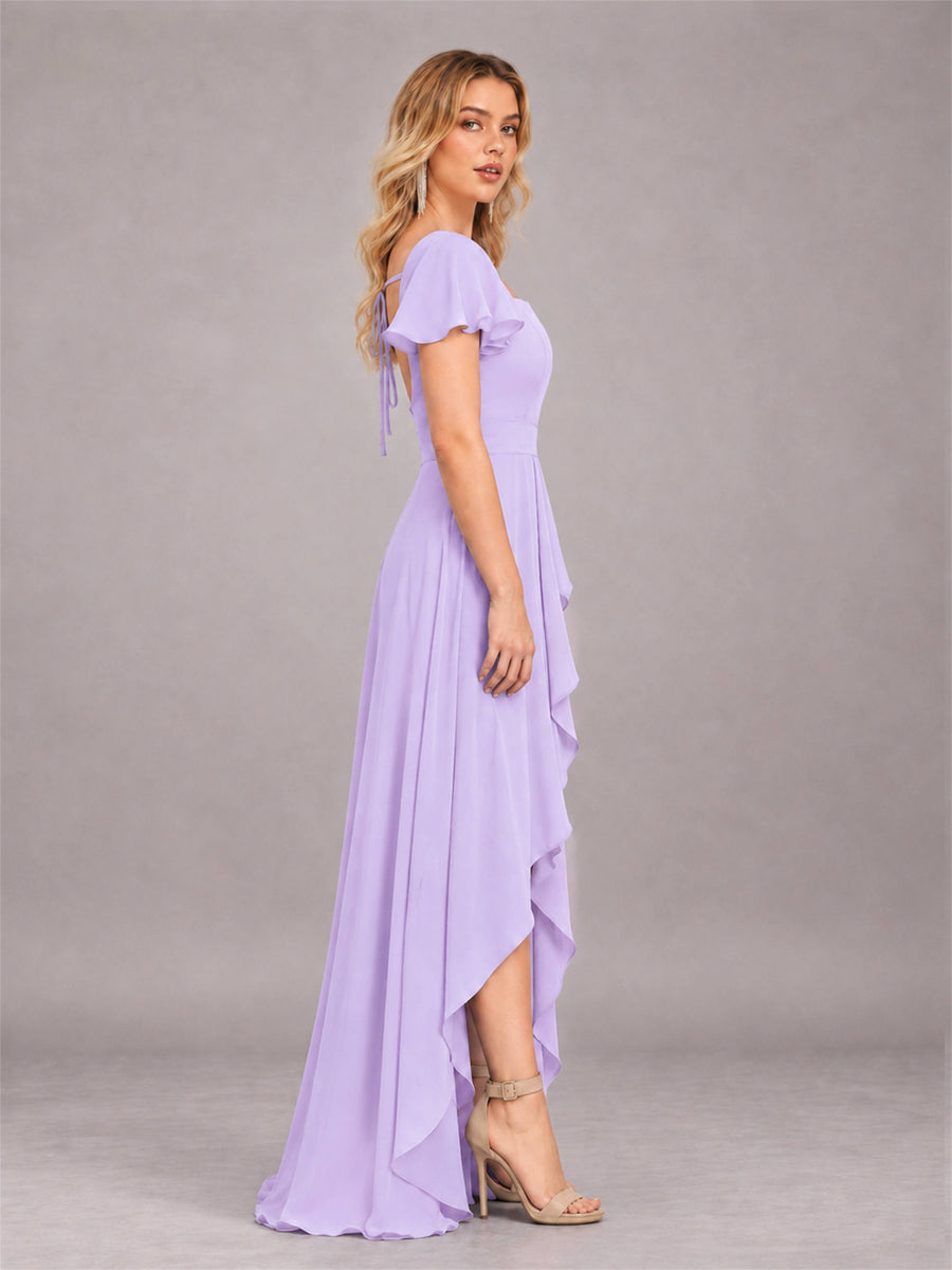 Lilac Refined High Low Ruffles Chiffon Bridesmaid Dress with Belt