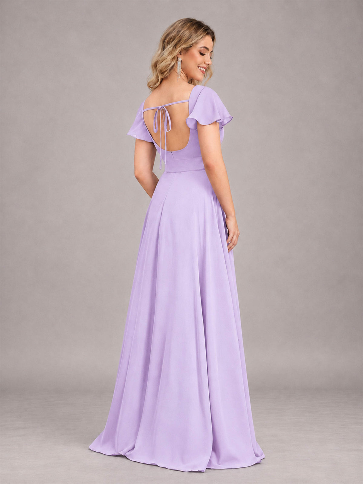 Lilac Refined High Low Ruffles Chiffon Bridesmaid Dress with Belt