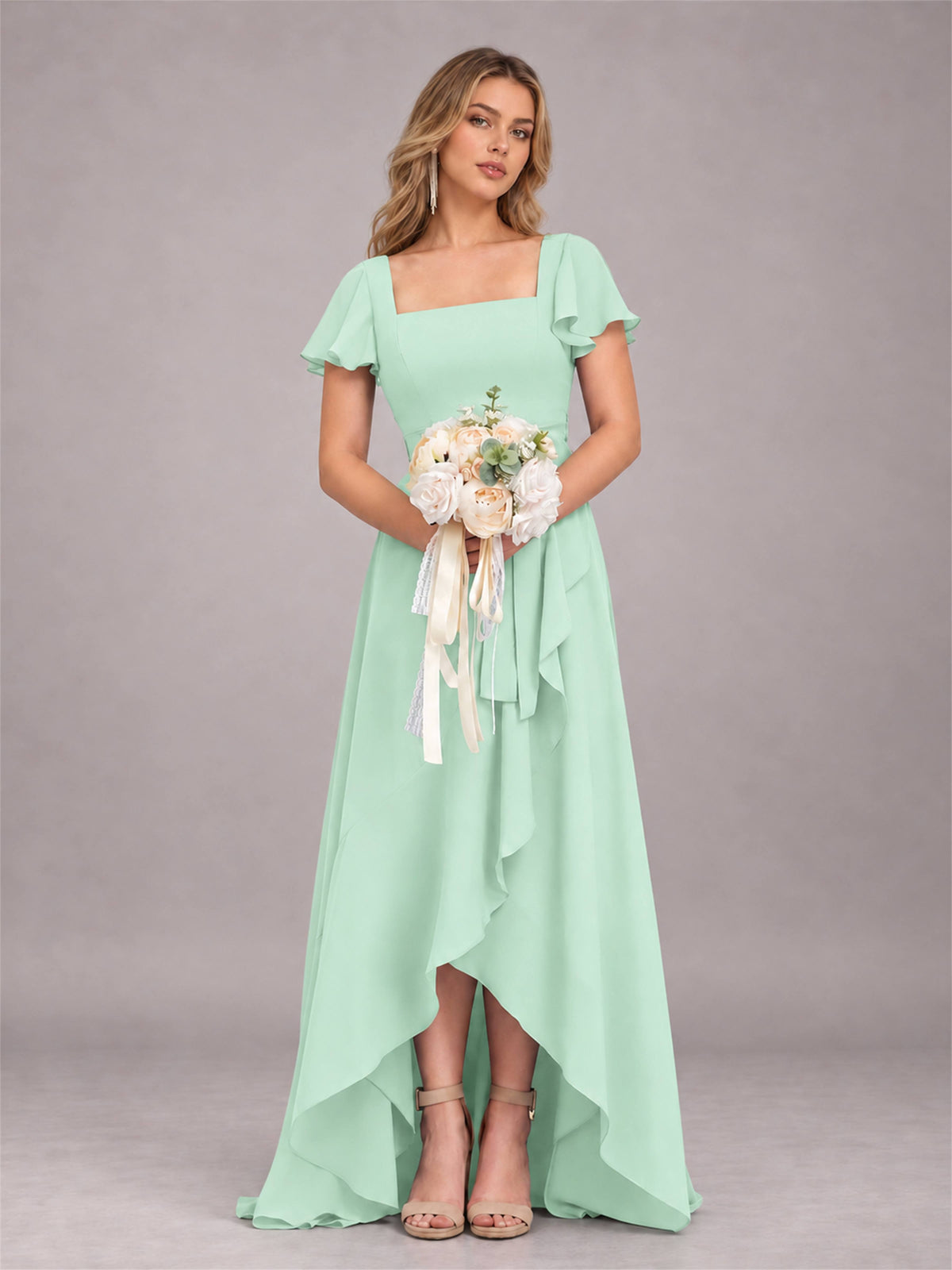 Mint Green Refined High Low Ruffles Chiffon Bridesmaid Dress with Belt