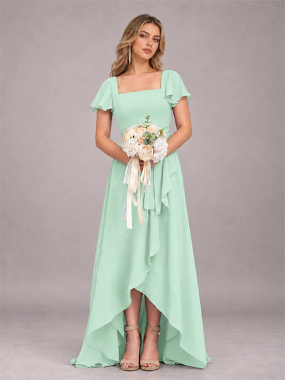 Mint Green Refined High Low Ruffles Chiffon Bridesmaid Dress with Belt