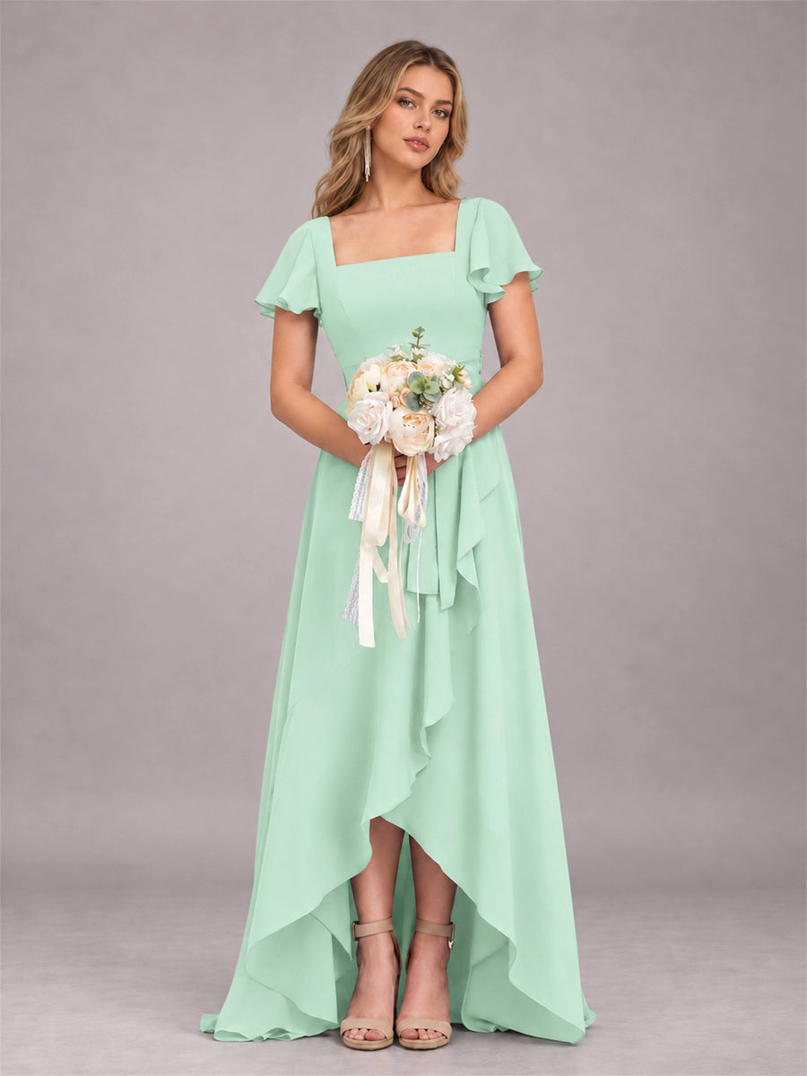 Mint Green Refined High Low Ruffles Chiffon Bridesmaid Dress with Belt
