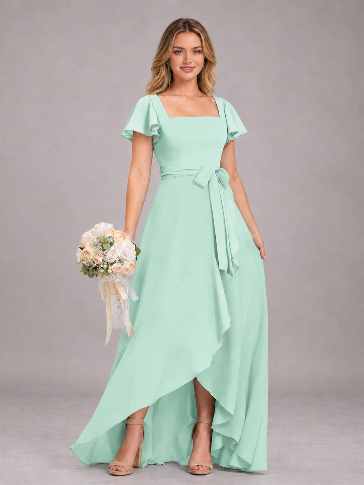 Mint Green Refined High Low Ruffles Chiffon Bridesmaid Dress with Belt