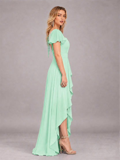 Mint Green Refined High Low Ruffles Chiffon Bridesmaid Dress with Belt