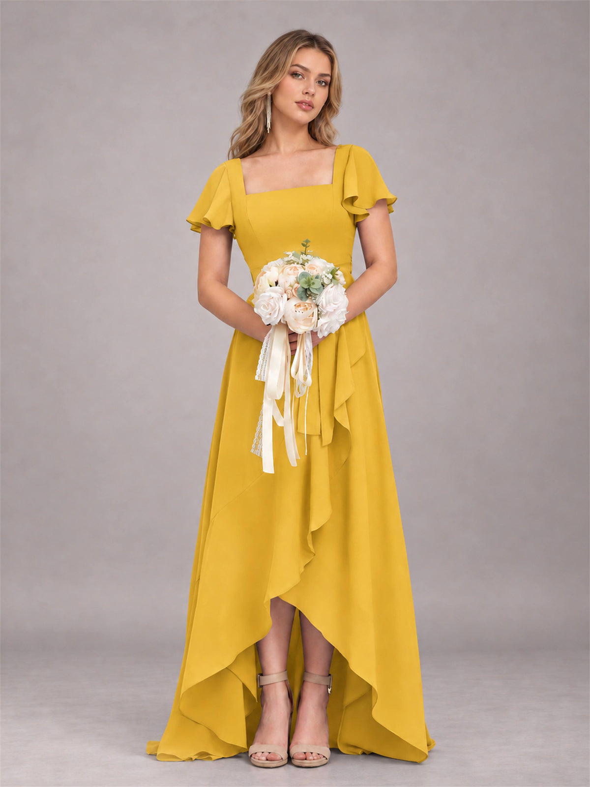 Mustard Yellow Refined High Low Ruffles Chiffon Bridesmaid Dress with Belt