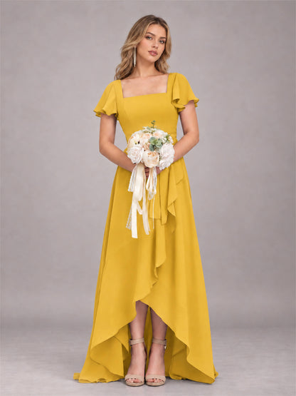 Mustard Yellow Refined High Low Ruffles Chiffon Bridesmaid Dress with Belt