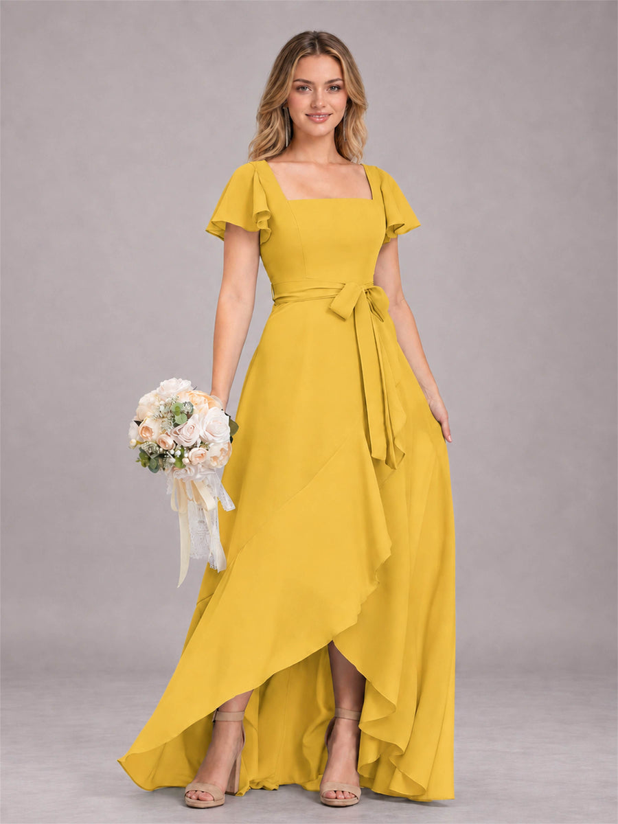 Mustard Yellow Refined High Low Ruffles Chiffon Bridesmaid Dress with Belt