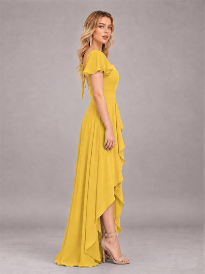 Mustard Yellow Refined High Low Ruffles Chiffon Bridesmaid Dress with Belt