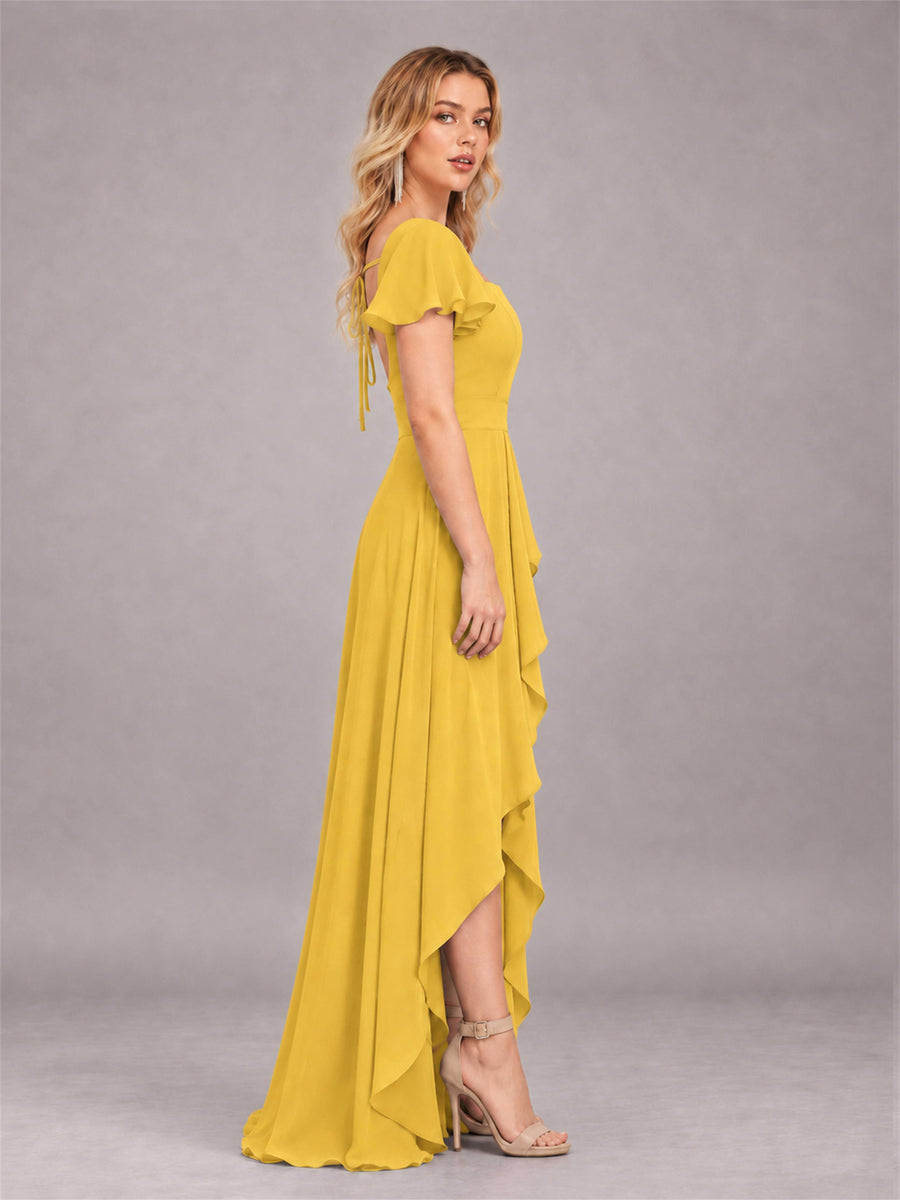 Mustard Yellow Refined High Low Ruffles Chiffon Bridesmaid Dress with Belt