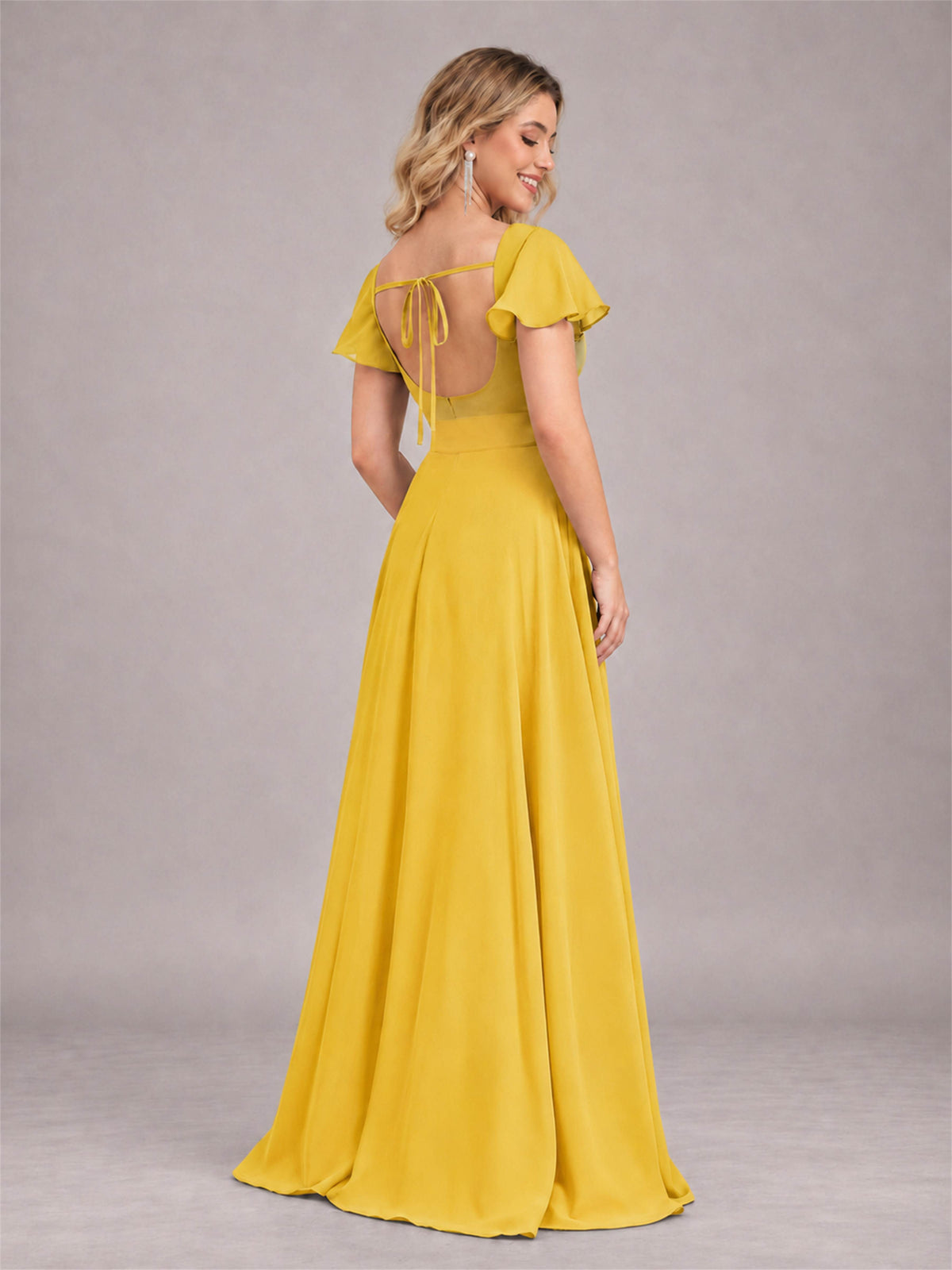 Mustard Yellow Refined High Low Ruffles Chiffon Bridesmaid Dress with Belt