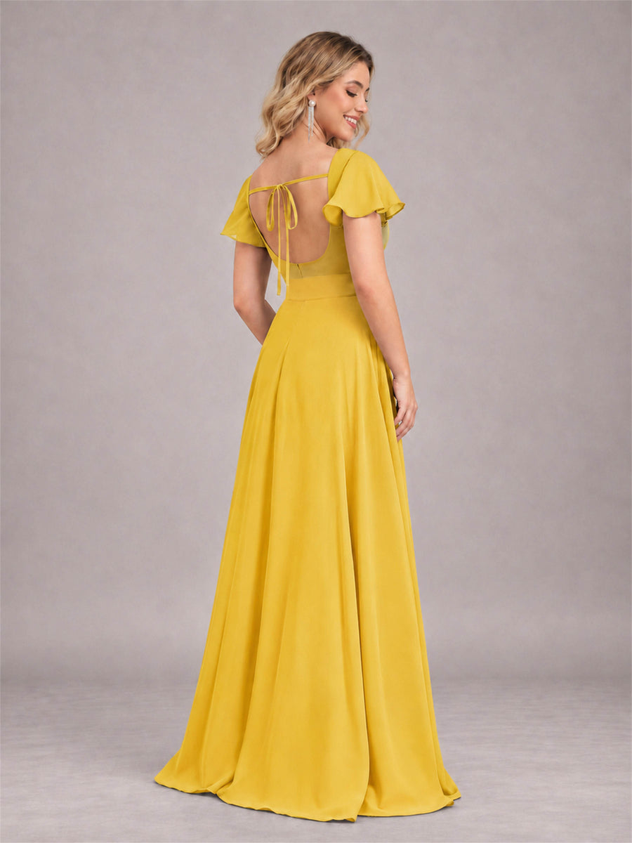 Mustard Yellow Refined High Low Ruffles Chiffon Bridesmaid Dress with Belt
