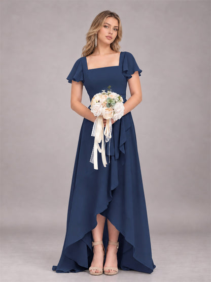 Navy Blue Refined High Low Ruffles Chiffon Bridesmaid Dress with Belt