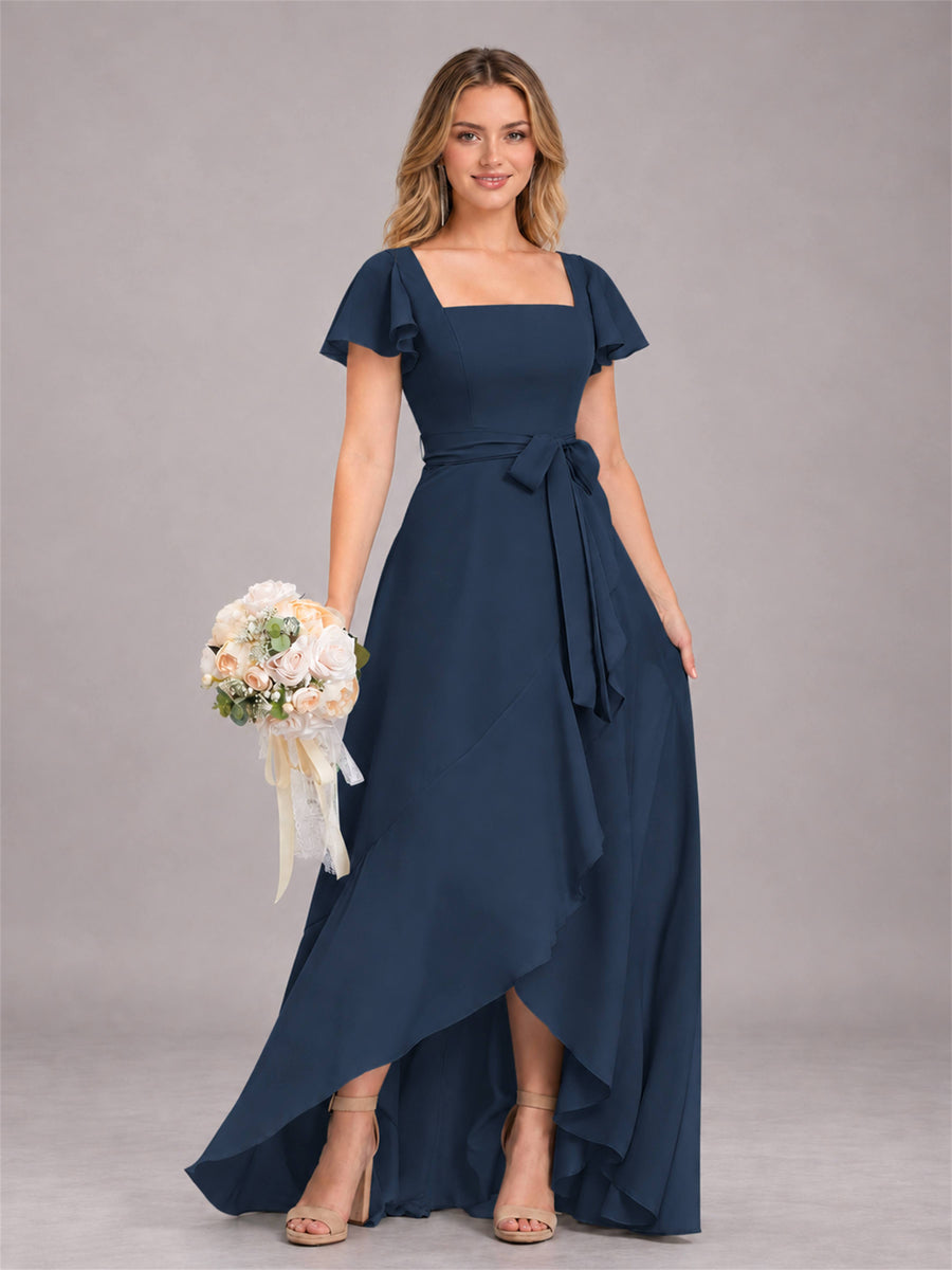 Navy Blue Refined High Low Ruffles Chiffon Bridesmaid Dress with Belt