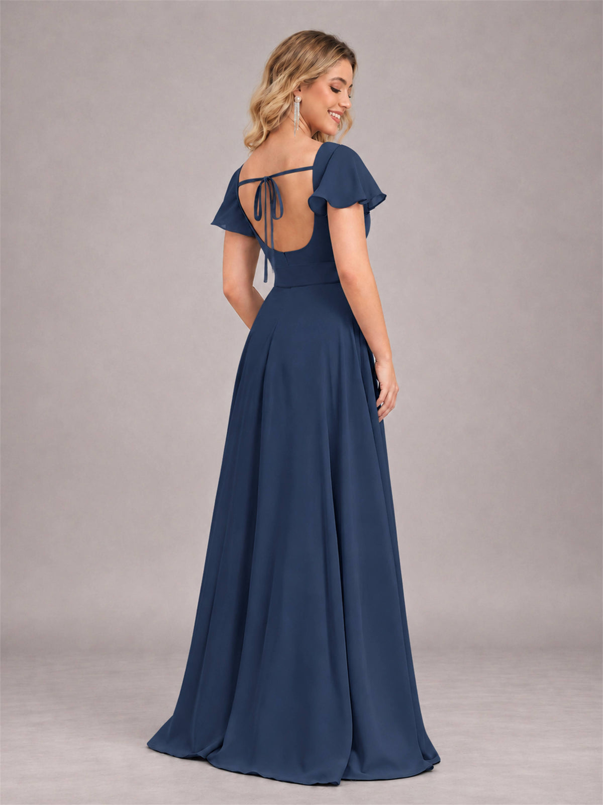 Navy Blue Refined High Low Ruffles Chiffon Bridesmaid Dress with Belt