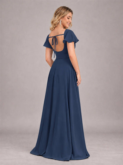 Navy Blue Refined High Low Ruffles Chiffon Bridesmaid Dress with Belt