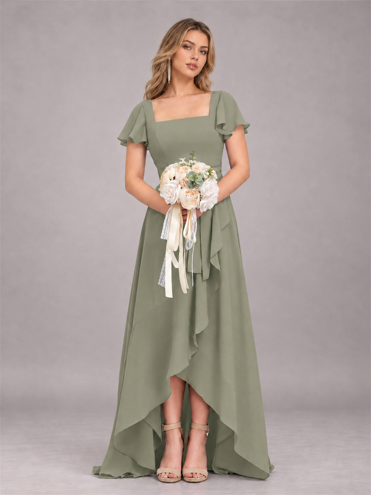 Olive Green Refined High Low Ruffles Chiffon Bridesmaid Dress with Belt