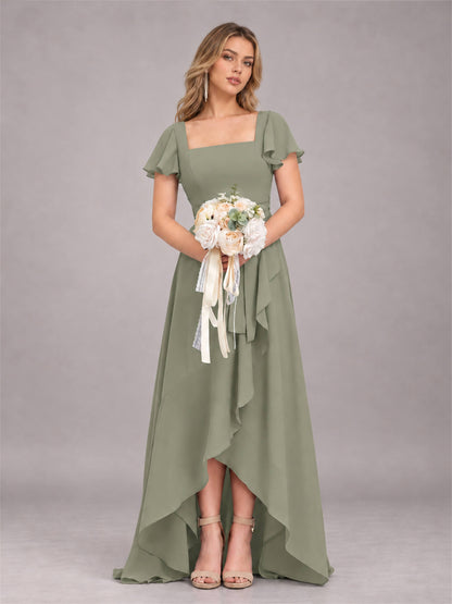 Olive Green Refined High Low Ruffles Chiffon Bridesmaid Dress with Belt