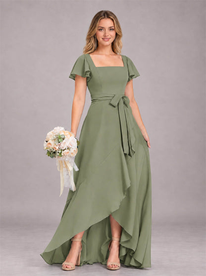 Olive Green Refined High Low Ruffles Chiffon Bridesmaid Dress with Belt