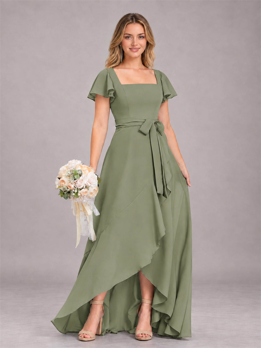 Olive Green Refined High Low Ruffles Chiffon Bridesmaid Dress with Belt