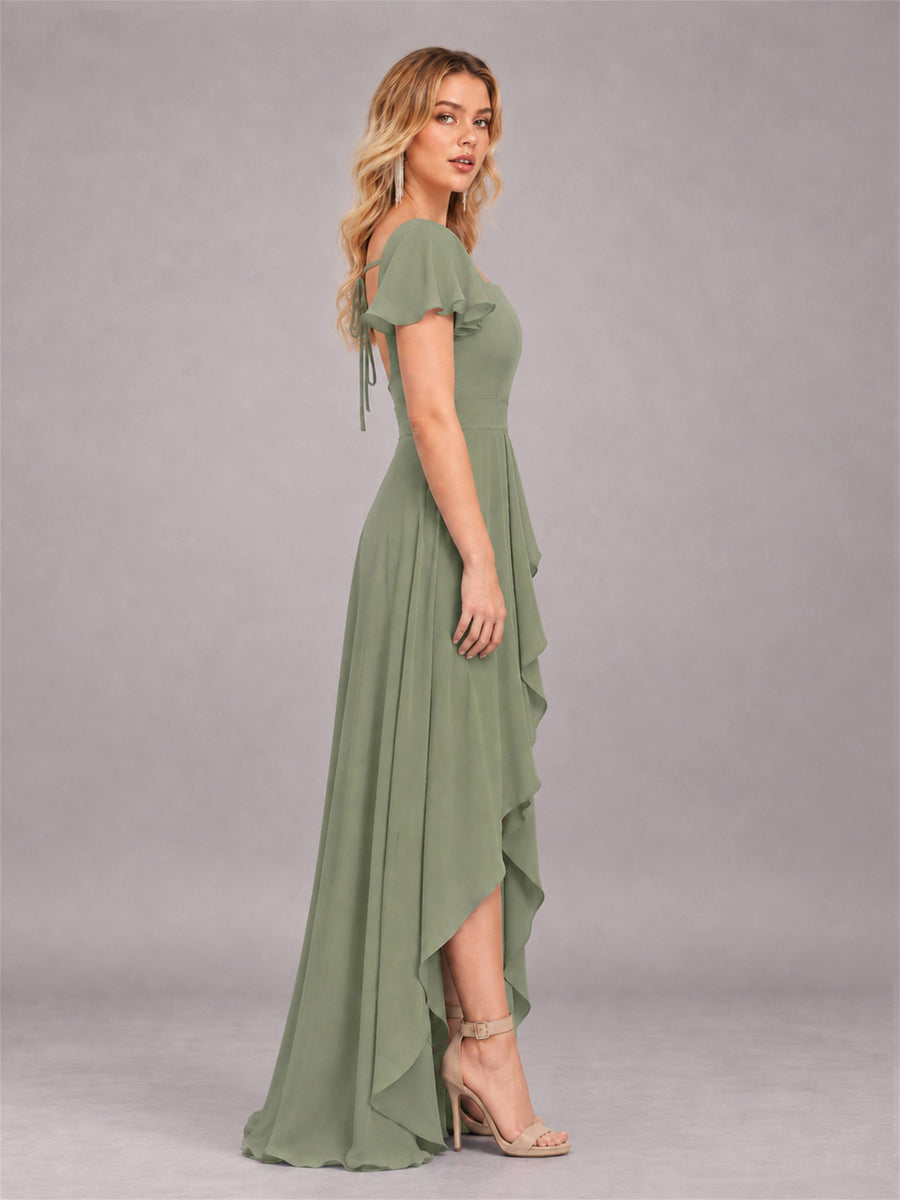 Olive Green Refined High Low Ruffles Chiffon Bridesmaid Dress with Belt