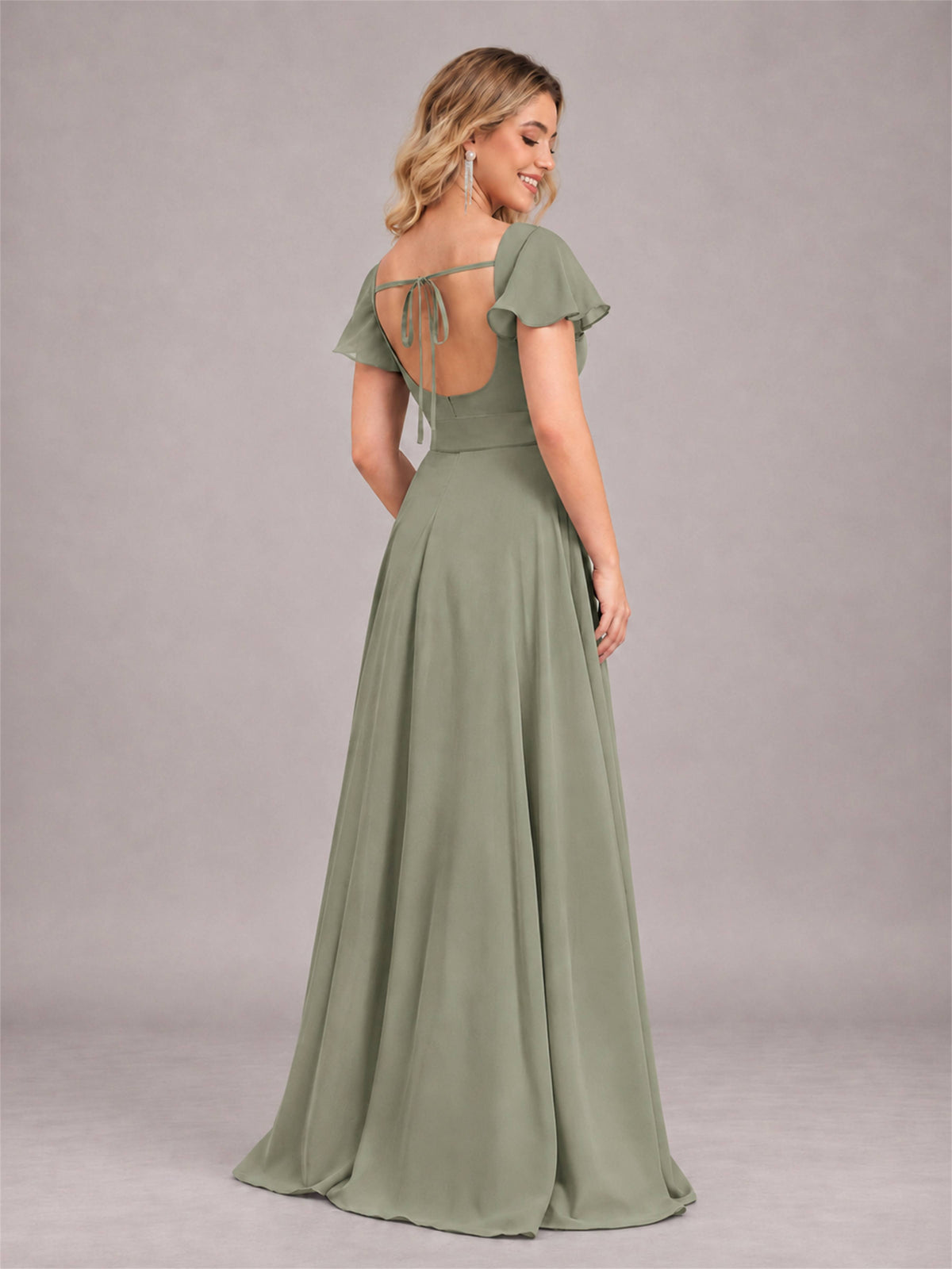 Olive Green Refined High Low Ruffles Chiffon Bridesmaid Dress with Belt