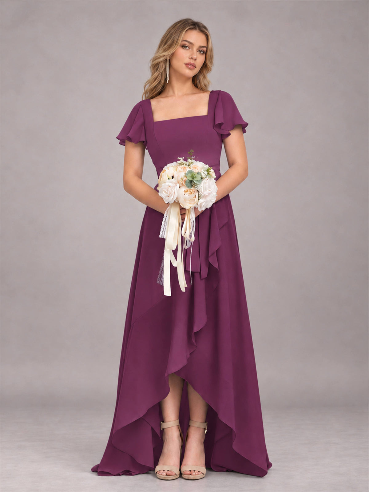 Plum Refined High Low Ruffles Chiffon Bridesmaid Dress with Belt