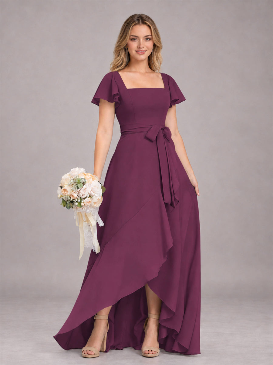 Plum Refined High Low Ruffles Chiffon Bridesmaid Dress with Belt